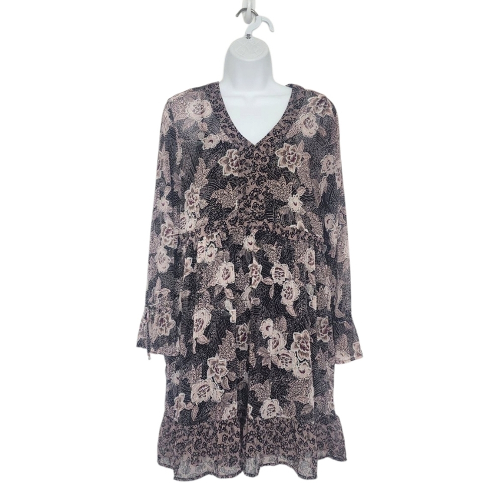 Knox Rose Floral Peasant Shift Dress Size Small Sheer Lined Bell Sleeve Metallic